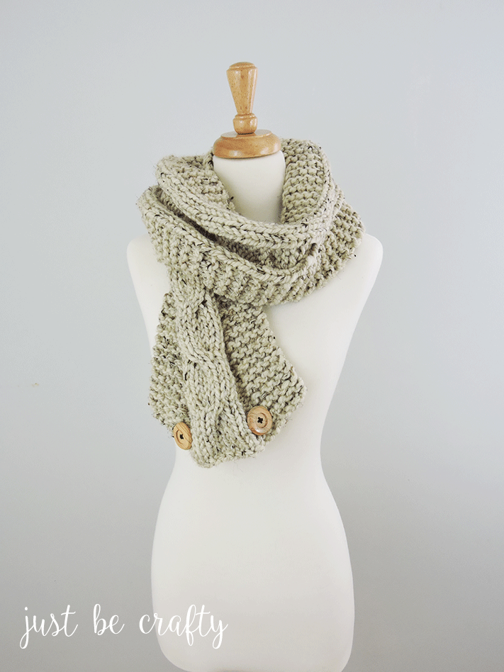 Chunky Relaxed Cable Scarf; Free pattern by Just Be Crafty