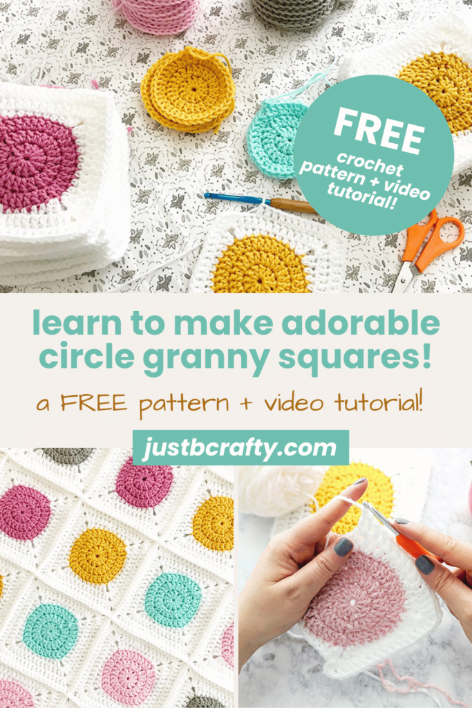 Multiple stacks of colorful circle granny squares with tools. Pattern includes a free video tutorial.
