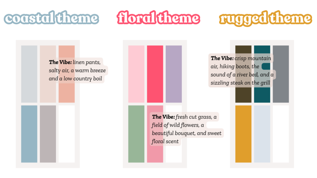 Three themed crochet color palettes with coordinating swatches: a coastal theme with blues and sandy neutrals, a floral theme with pinks, greens, and purples, and a rugged theme with earthy tones, mustard yellow, and steel blue. Each palette includes a short vibe description to inspire project mood and yarn selection.