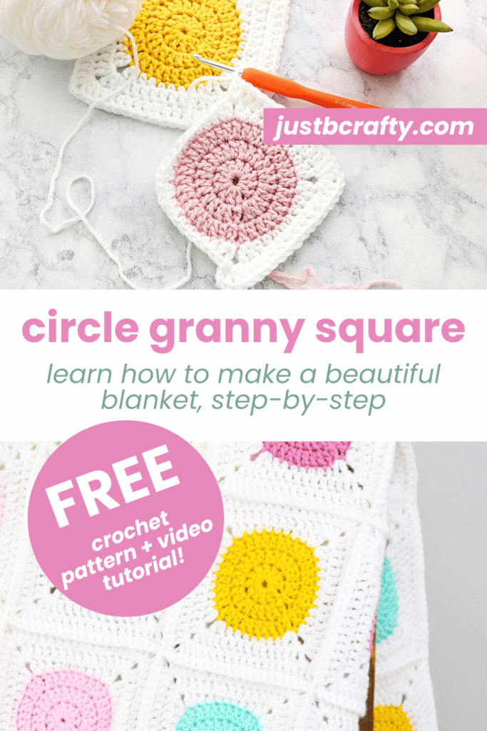 In-progress circle granny squares with yarn and hook. Tutorial teaches how to crochet and join the squares into a full throw.
