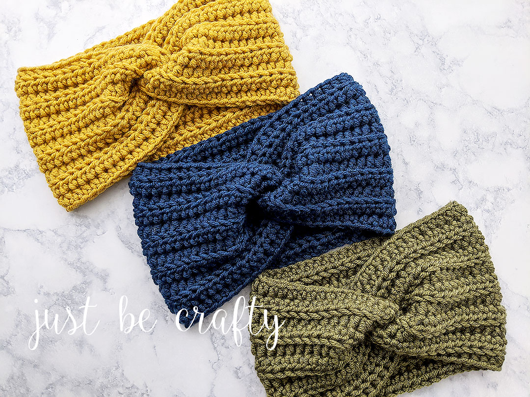 Crochet Twisted Ear Warmer Headband - Free crochet pattern and video tutorial by Just Be Crafty