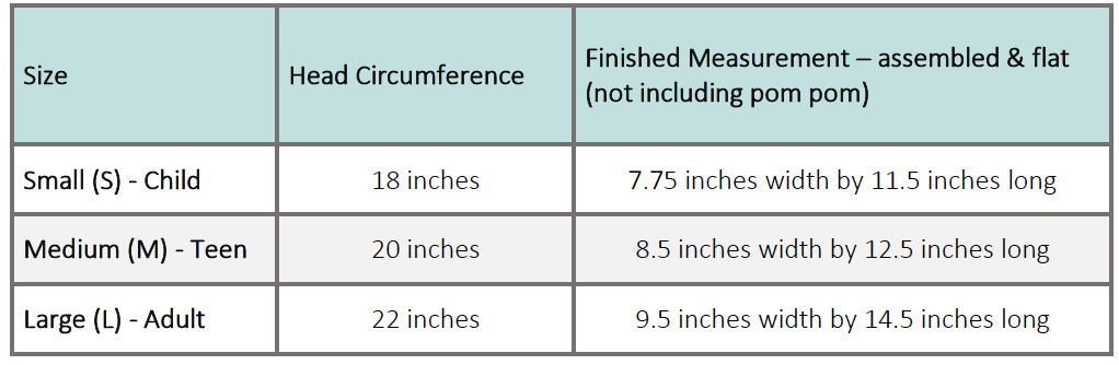 Crochet Hat Size Chart