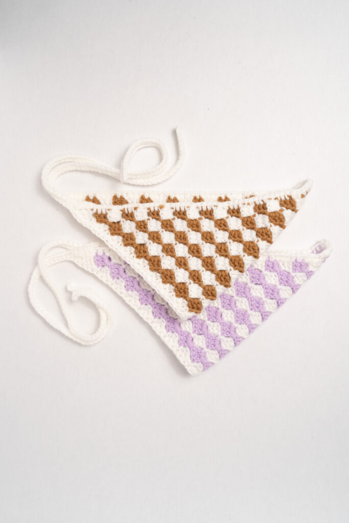 crochet checkered triangle hair scarf in brown and purple