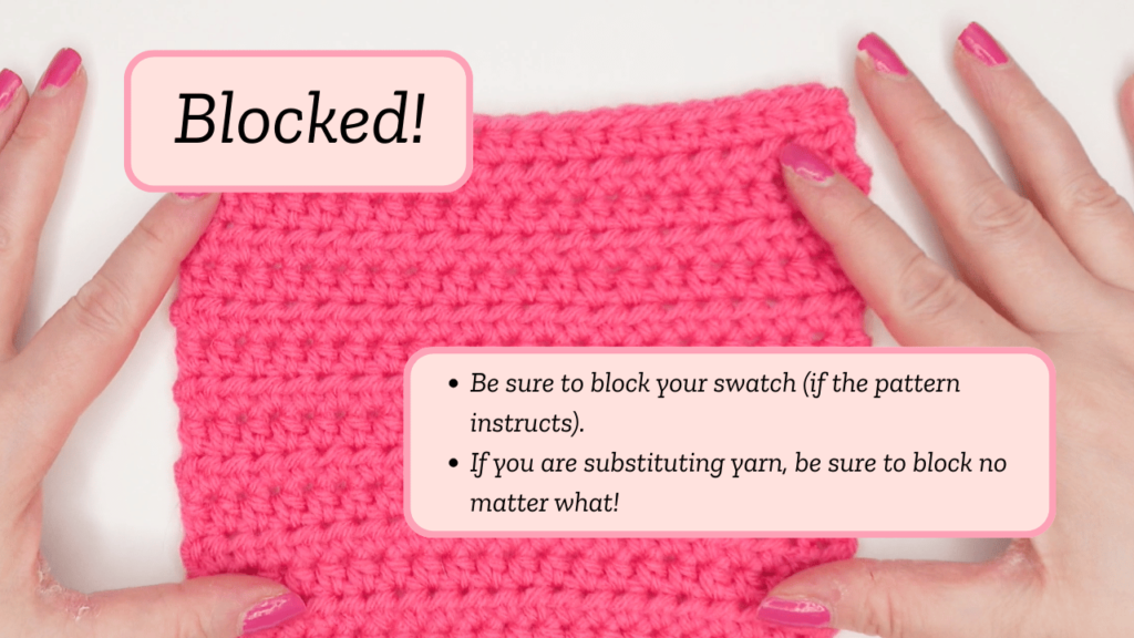 hands stretching a pink crochet swatch flat before blocking