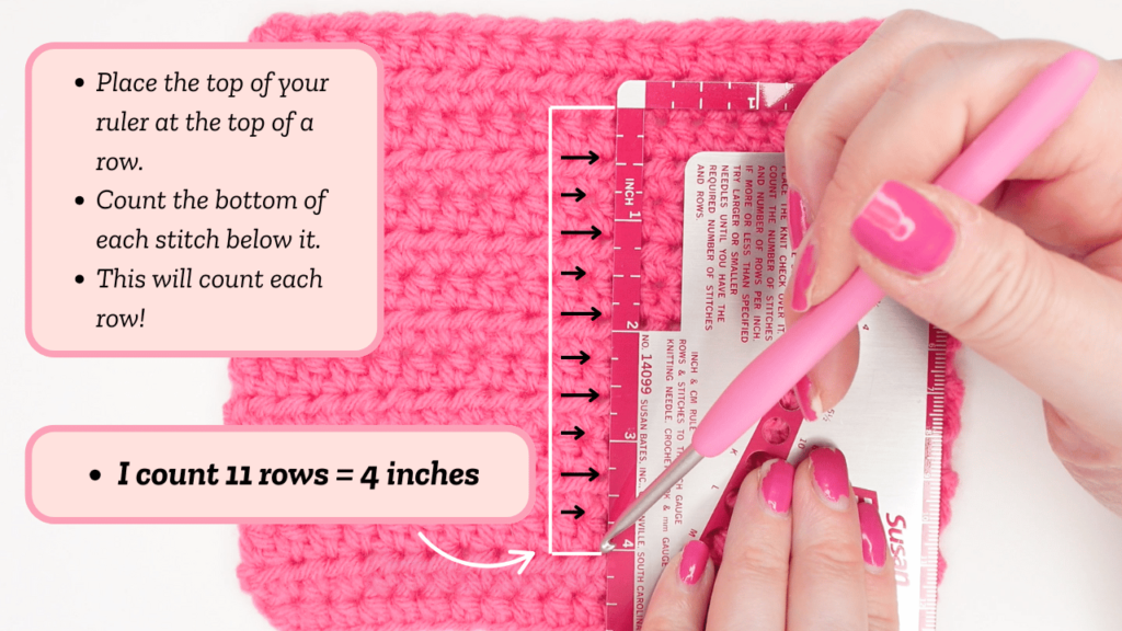 Measuring stitches across pink swatch with Susan Bates gauge checker tool