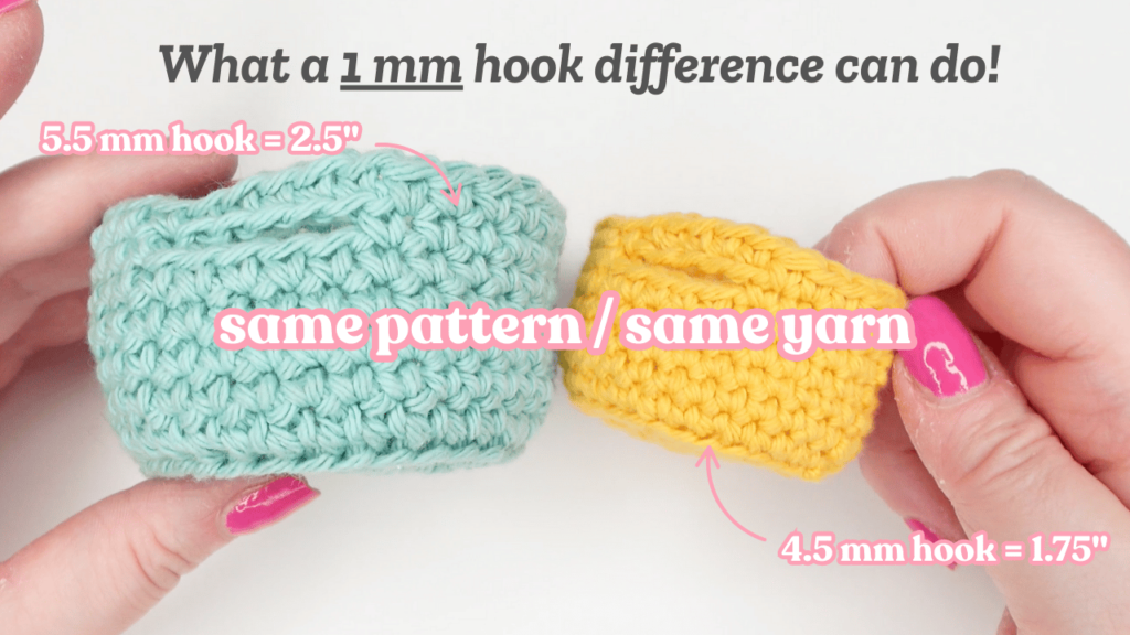 Two crochet baskets in aqua and yellow made with different hook sizes showing size difference