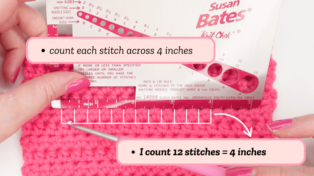 Ruler placed on pink swatch showing how to count crochet rows for gauge