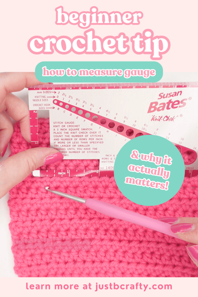 Pink crochet swatch and Susan Bates Knit Chek with text overlay: Beginner crochet tip – how to measure gauge
