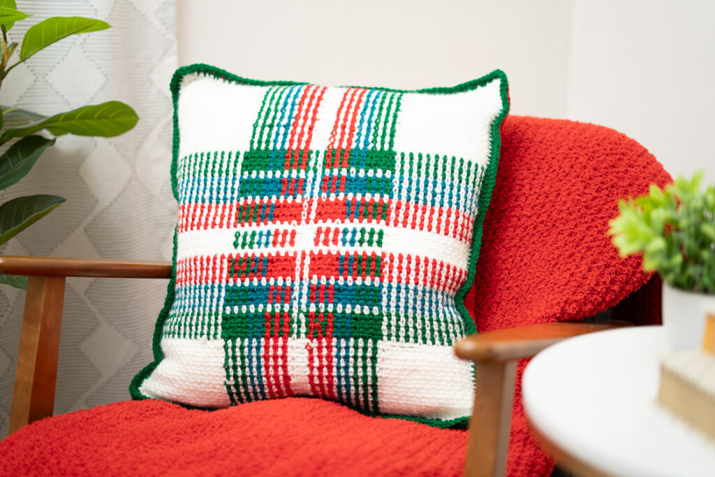 Crochet holiday plaid pillow