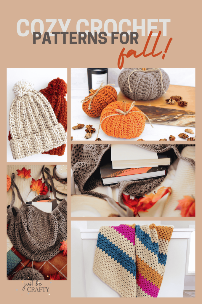 image collage of crochet patterns that include a crochet hat, crochet market tote , crochet pumpkins and a crochet throw blanket