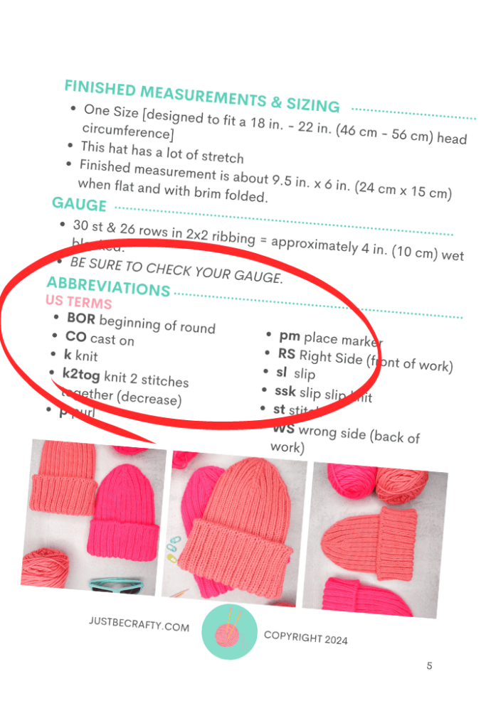 crochet pattern with knitting abbreviations circled