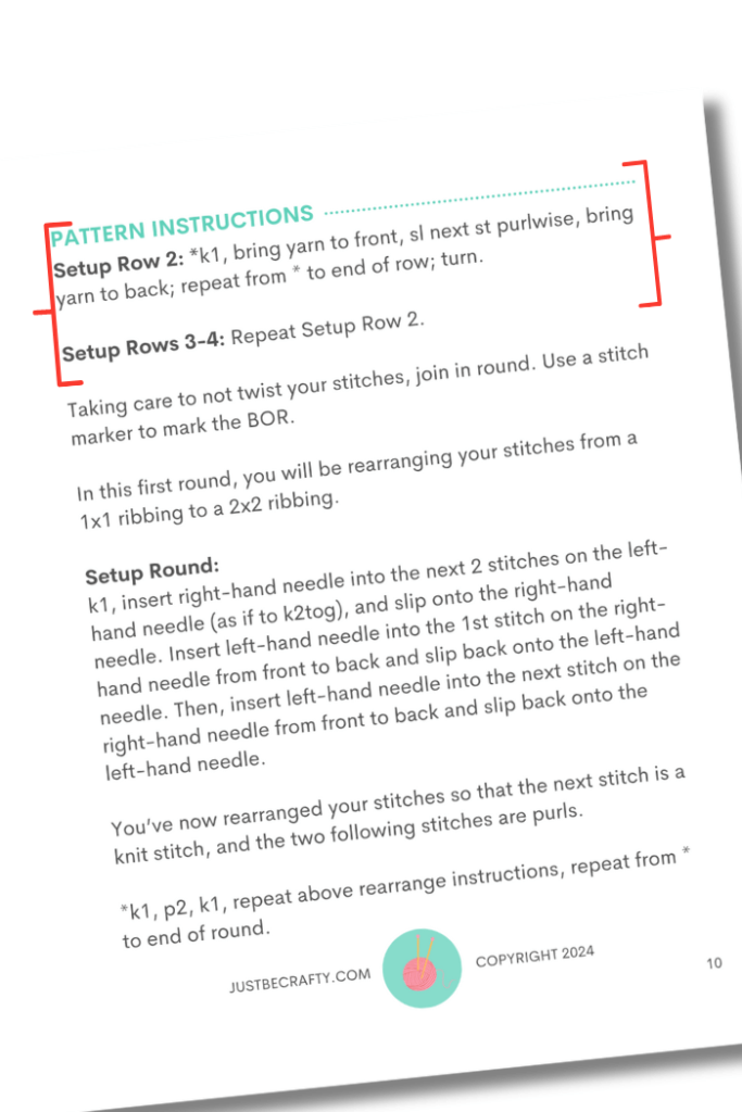 knitting pattern with repeat section in brackets