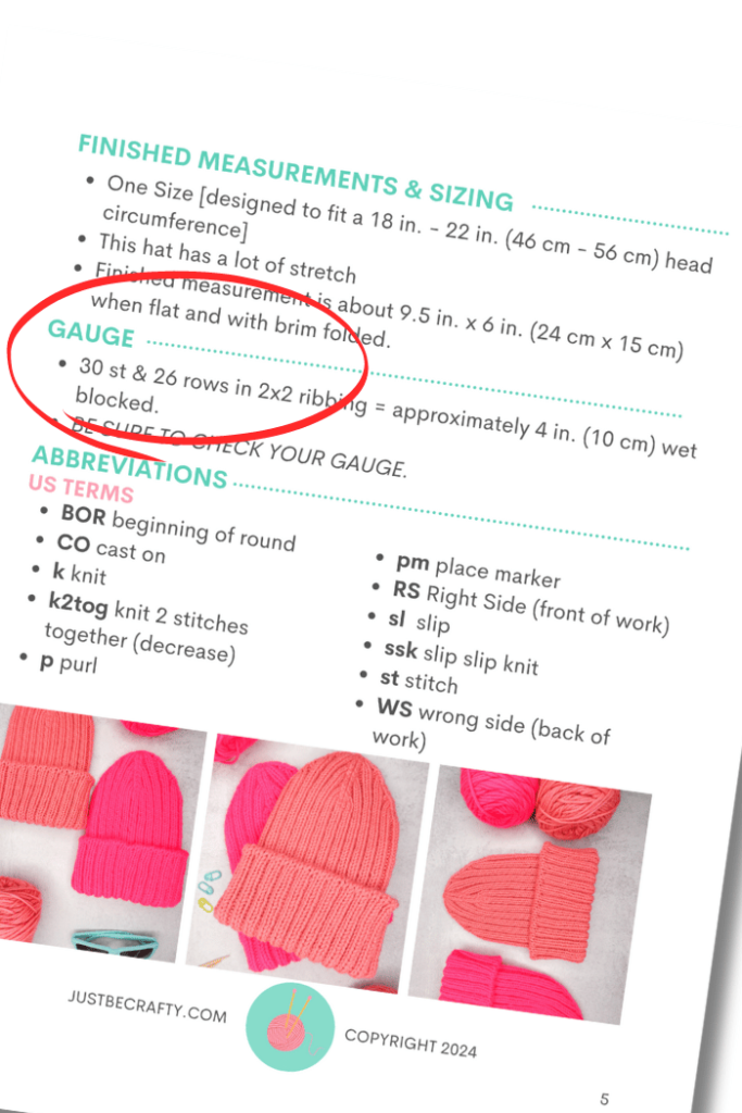 knitting pattern with gauge section circled