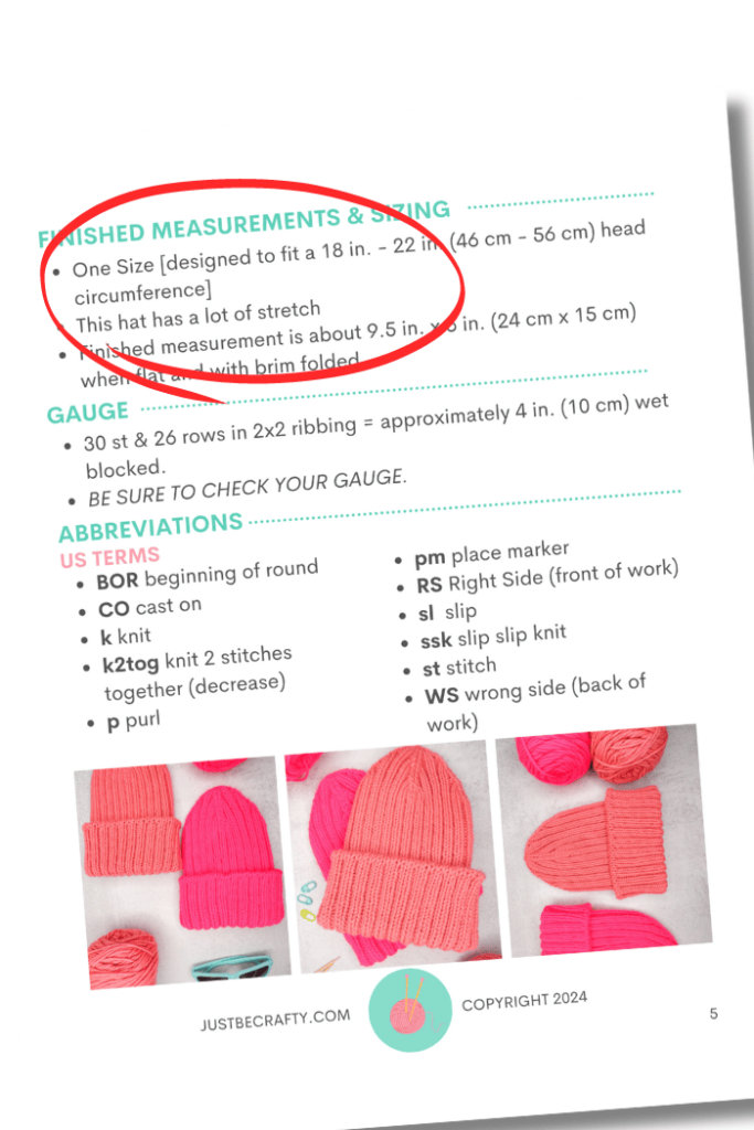 a knitting patterns sizing and finished measurements section