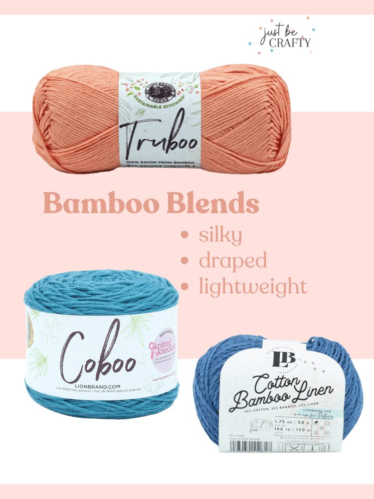 Graphic featuring bamboo blend yarns, perfect for creating silky, lightweight crochet shawls with great drape.