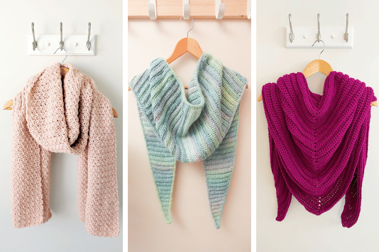 image showcasing three different shawls, the crochet shimmer wrap, the watercolor shawl and the boysenberry shawl