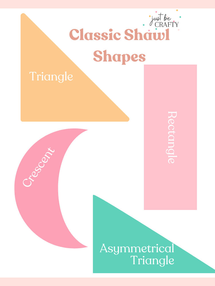 Image shows different common shawl shapes including triangle, crescent, rectangle and asymmetrical triangle