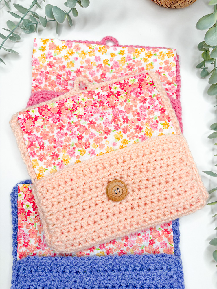 fabric lined crochet bags arranged in a flat lay