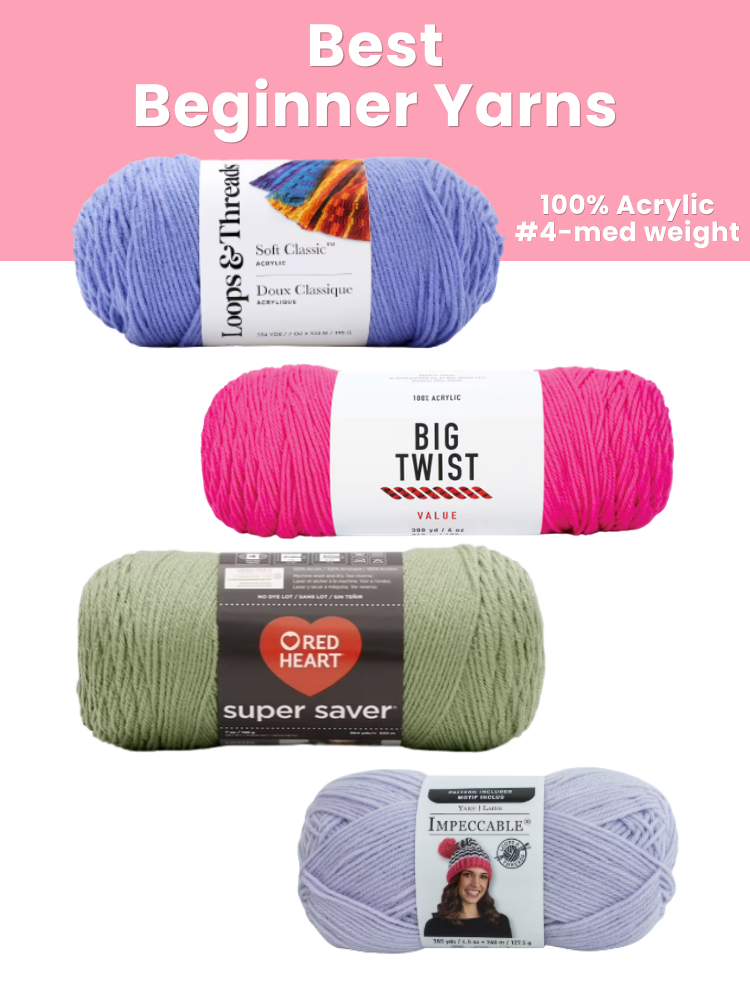a collage of best beginner yarns including loops and threads, big twist, and red heart skeins