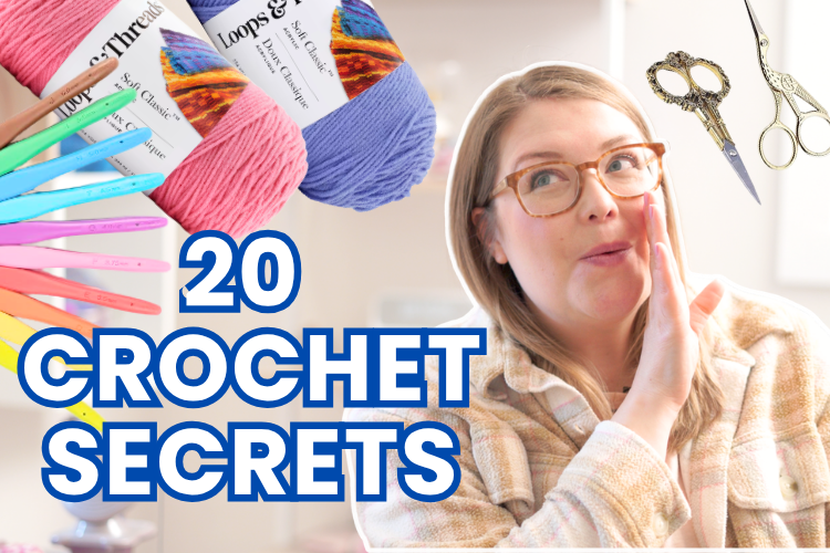 woman holding up hand as if to tell a secret with text that says 20 crochet secrets