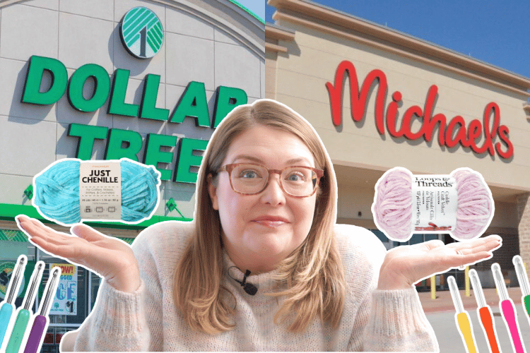 woman holding dollar tree and michaels yarn to compare value and quality in front of both storefronts