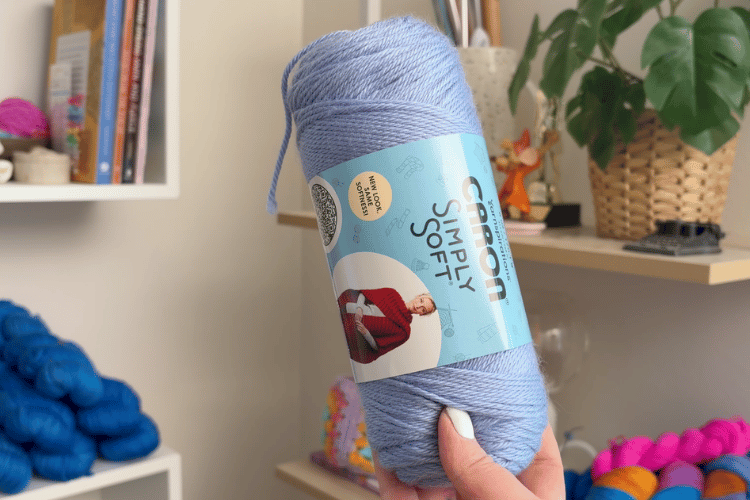 image of a woman's hand holding up a skein of caron simply soft yarn
