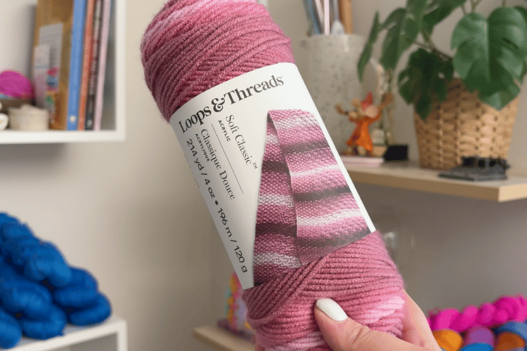 image of a woman's hand holding up a skein of loops and threads soft classic ombre yarn