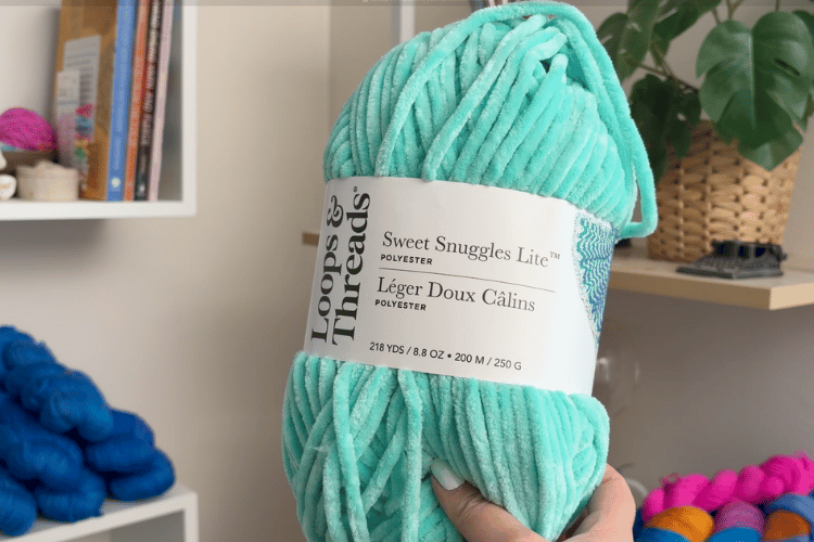 image of a woman's hand holding up a skein of loops and threads sweet snuggles lite yarn