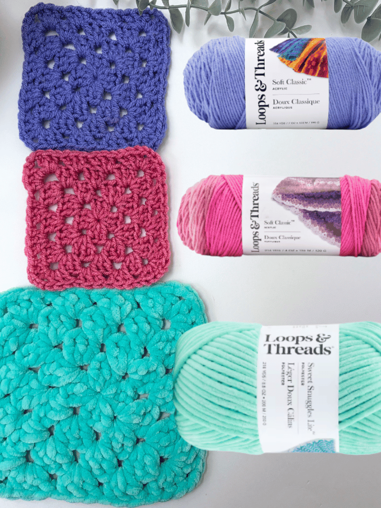 image of cheapest acrylic and chenille yarns from michaels in granny square and whole skein form