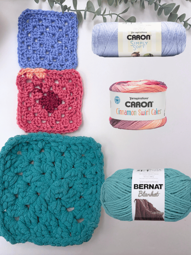 image of most expensive acrylic and chenille yarns from michaels in granny square and whole skein form