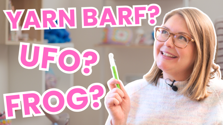 woman looking to the side with crochet abbreviations listing yarn barf, ufo, and frog